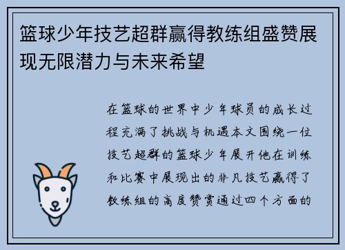 篮球少年技艺超群赢得教练组盛赞展现无限潜力与未来希望