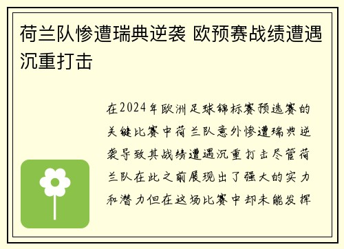 荷兰队惨遭瑞典逆袭 欧预赛战绩遭遇沉重打击