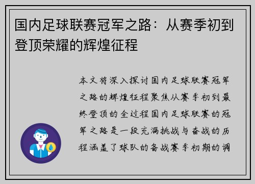 国内足球联赛冠军之路：从赛季初到登顶荣耀的辉煌征程