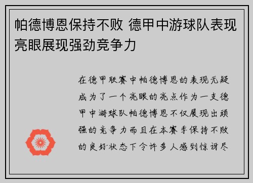 帕德博恩保持不败 德甲中游球队表现亮眼展现强劲竞争力