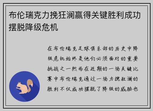布伦瑞克力挽狂澜赢得关键胜利成功摆脱降级危机