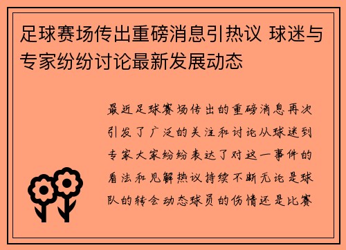 足球赛场传出重磅消息引热议 球迷与专家纷纷讨论最新发展动态