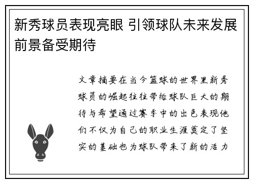 新秀球员表现亮眼 引领球队未来发展前景备受期待