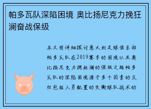 帕多瓦队深陷困境 奥比扬尼克力挽狂澜奋战保级