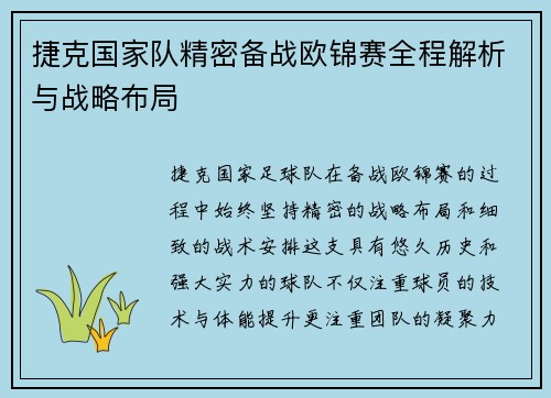 捷克国家队精密备战欧锦赛全程解析与战略布局