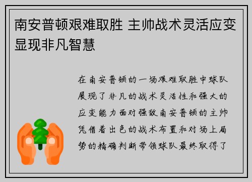 南安普顿艰难取胜 主帅战术灵活应变显现非凡智慧