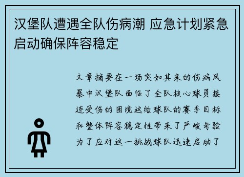 汉堡队遭遇全队伤病潮 应急计划紧急启动确保阵容稳定