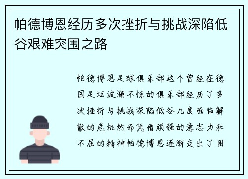 帕德博恩经历多次挫折与挑战深陷低谷艰难突围之路