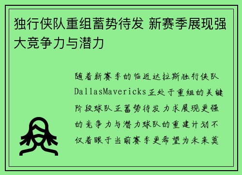 独行侠队重组蓄势待发 新赛季展现强大竞争力与潜力