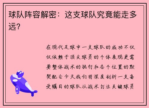 球队阵容解密：这支球队究竟能走多远？
