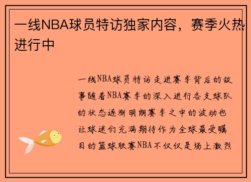 一线NBA球员特访独家内容，赛季火热进行中