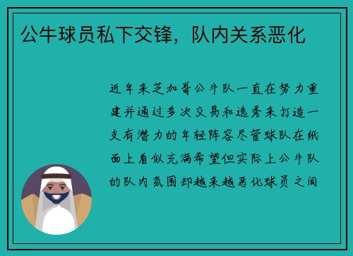 公牛球员私下交锋，队内关系恶化