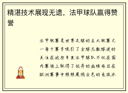 精湛技术展现无遗，法甲球队赢得赞誉
