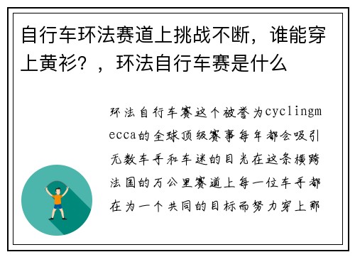 自行车环法赛道上挑战不断，谁能穿上黄衫？，环法自行车赛是什么