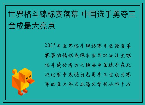 世界格斗锦标赛落幕 中国选手勇夺三金成最大亮点